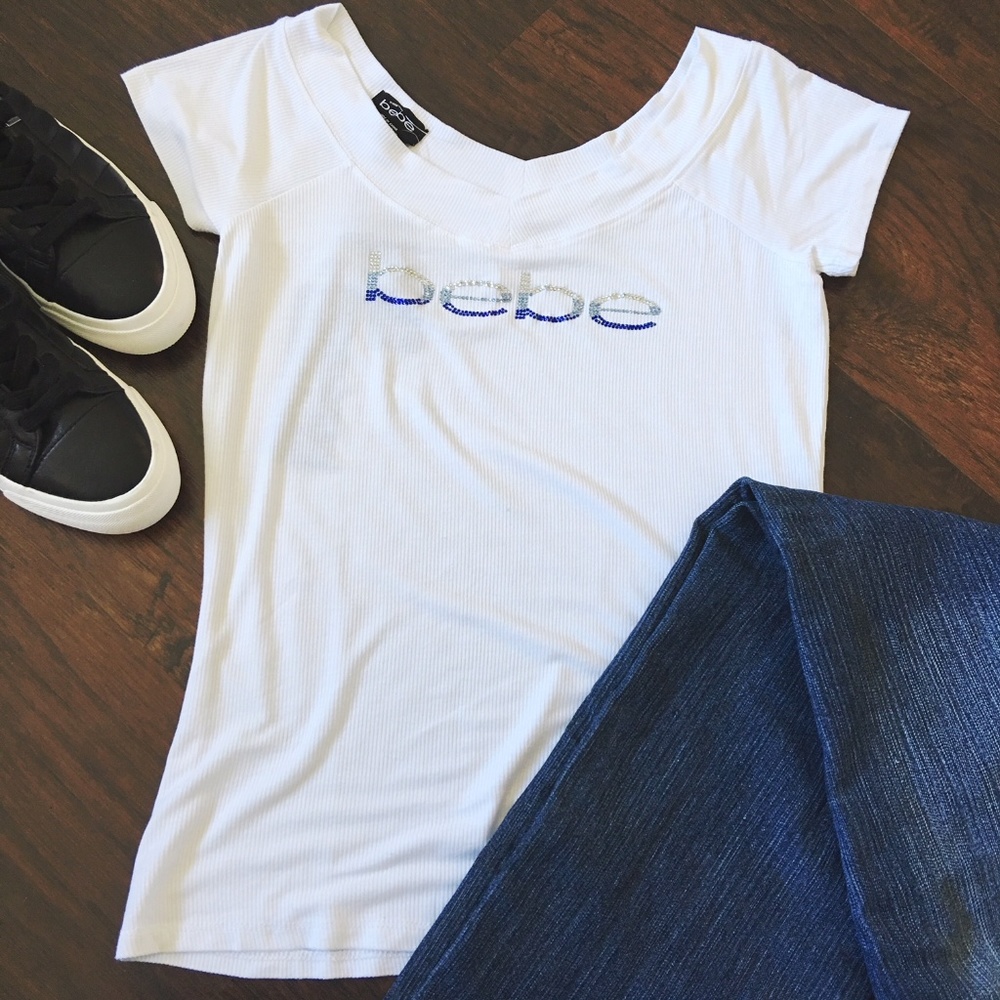 Bebe Rhinestone Crystal Logo Ribbed Shirt